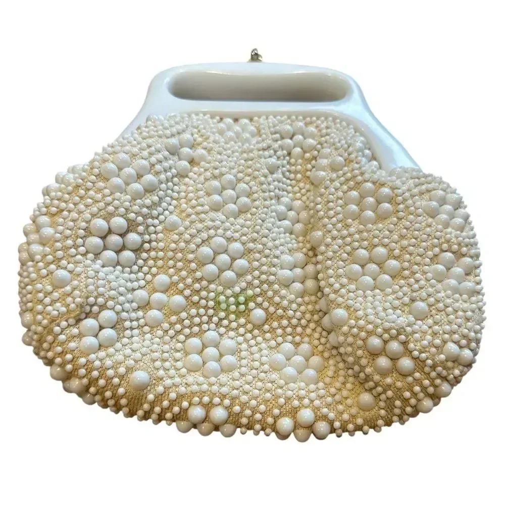 Vintage 1960s Elegant Beaded Cream Clutch with Gold Clasp